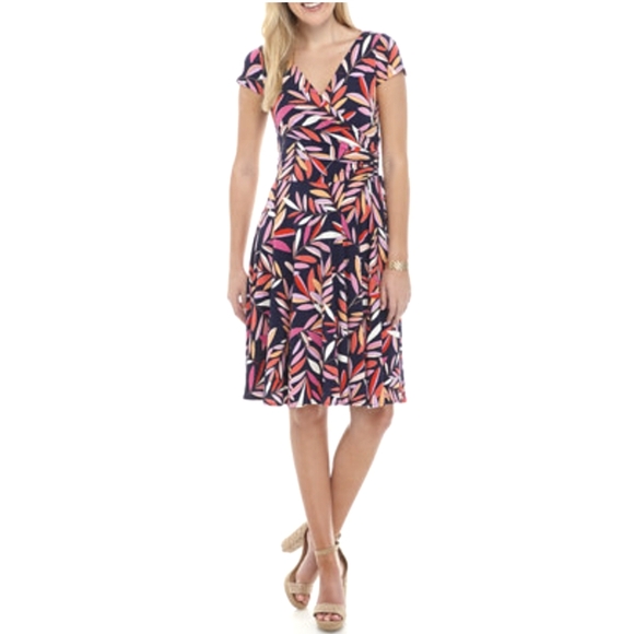 Maggy London "Leana" Wrap Midi Dress Navy Pastel Leaf Floral Print Sz 8 - Picture 2 of 10